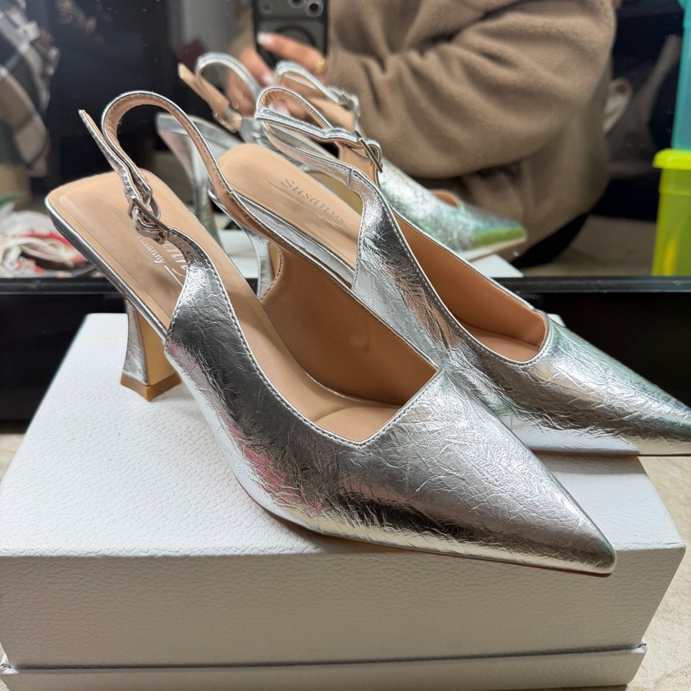 Amazon Metallic Silver Slingback Heels
